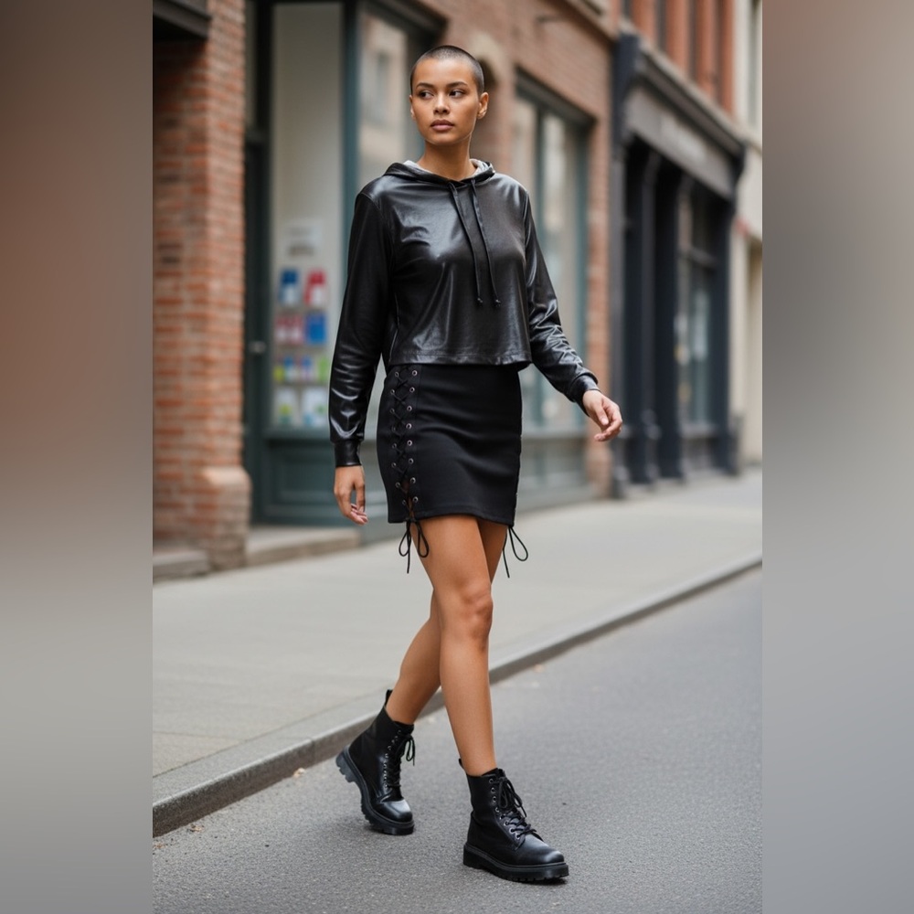 Black Faux Leather Cropped Hoodie - Women's
